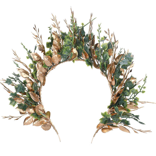 MOSTORY Handmade Woodland Halo Crown - Forest Headband Flower Hairband Goddess Floral Crown for Women Girls Cosplay Party Renaissance Mardi Gras Carnival Wedding Photo Shoot Gold Green