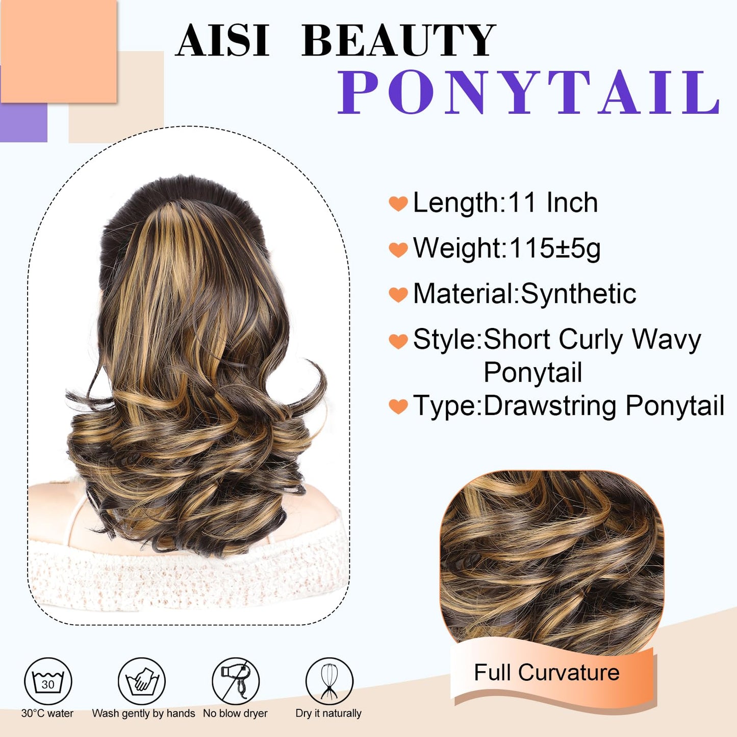 AISI BEAUTY Ponytail Extension Short Curly Wavy Drawstring Ponytail for Women Synthetic Pony Tail hair extensions(11 Inches，Black Brown with Golden Highlights)