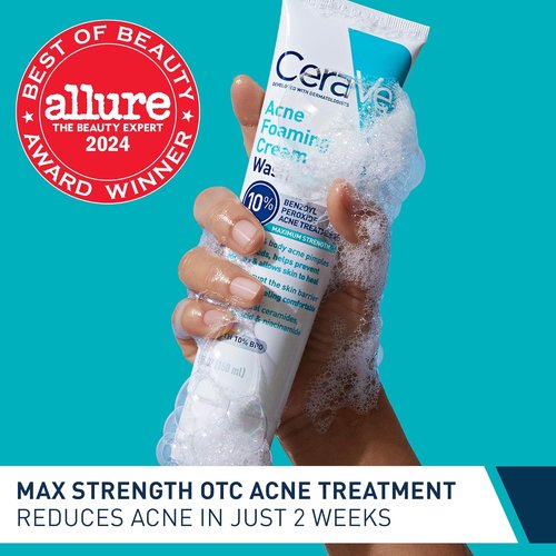 CeraVe Acne Foaming Cream Wash - Gentle Face & Body Cleanser with 10% Benzoyl Peroxide | 5 Oz