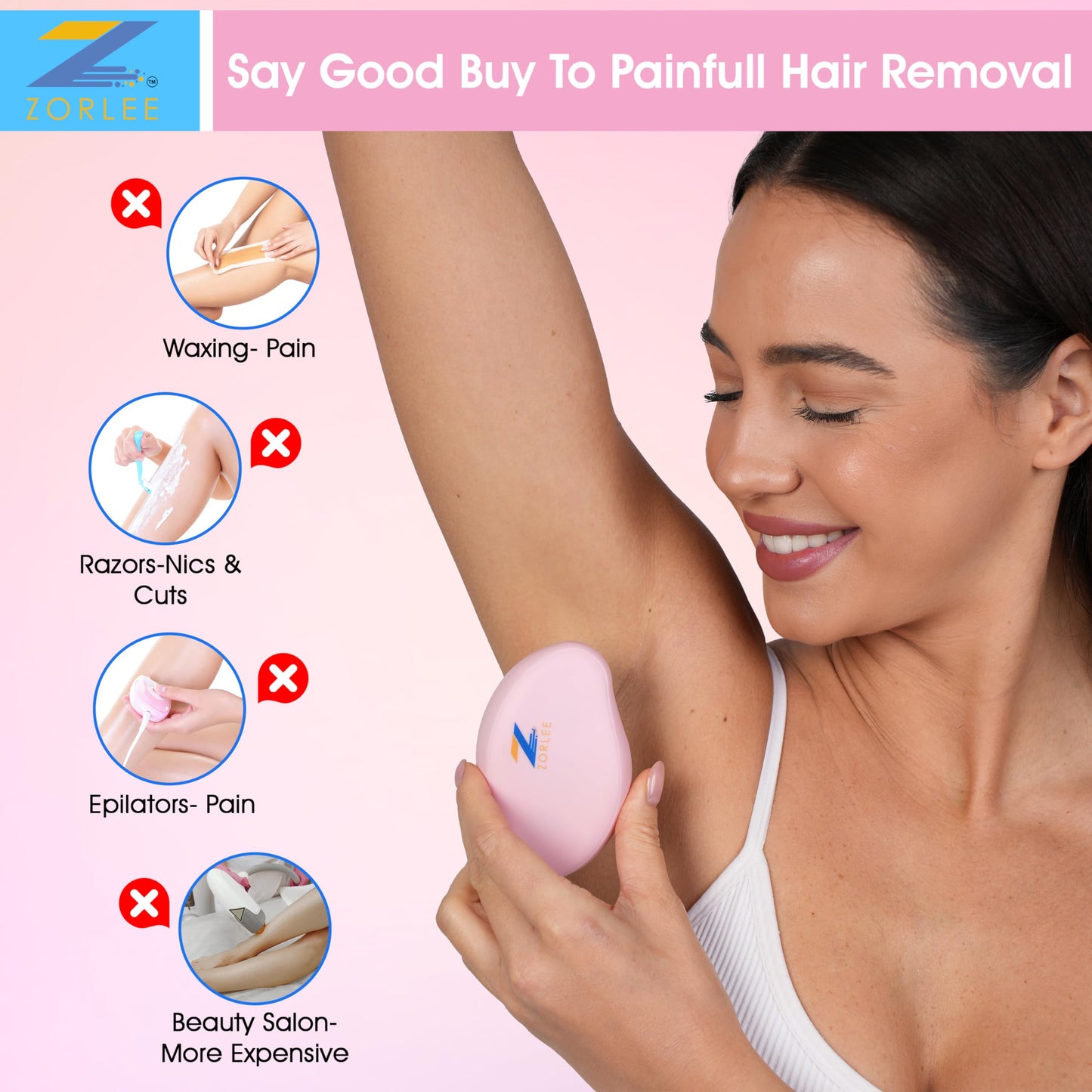 Crystal Hair Remover for Women and Men, Reusable Crystal Hair Eraser Magic Painless Exfoliation Hair Removal Tool, Magic Hair Eraser Device for Back Arms Legs (Pink)