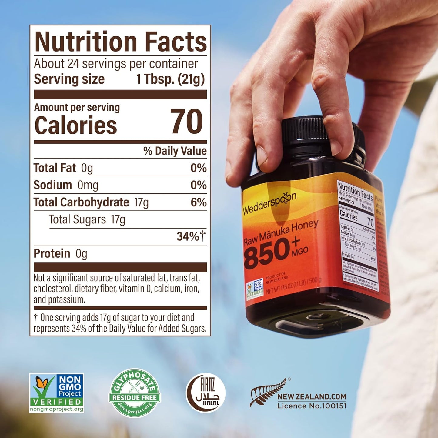 Wedderspoon Raw Manuka Honey 850+ MGO - Unpasteurized Superfood in BPA-Free Jar | 17.6 Oz