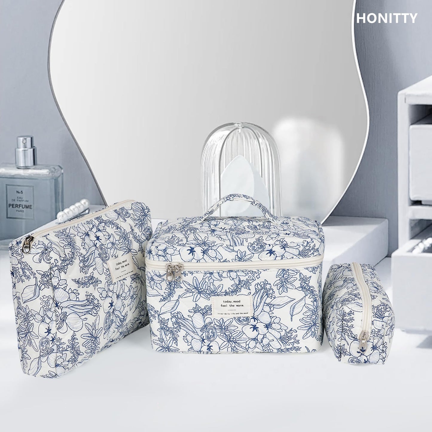 Makeup Bag,Quilted Cosmetic Bags,Large Floral Make Up Organize bag,Makeup Bag Set for Women,Flower Travel Toiletry Bag