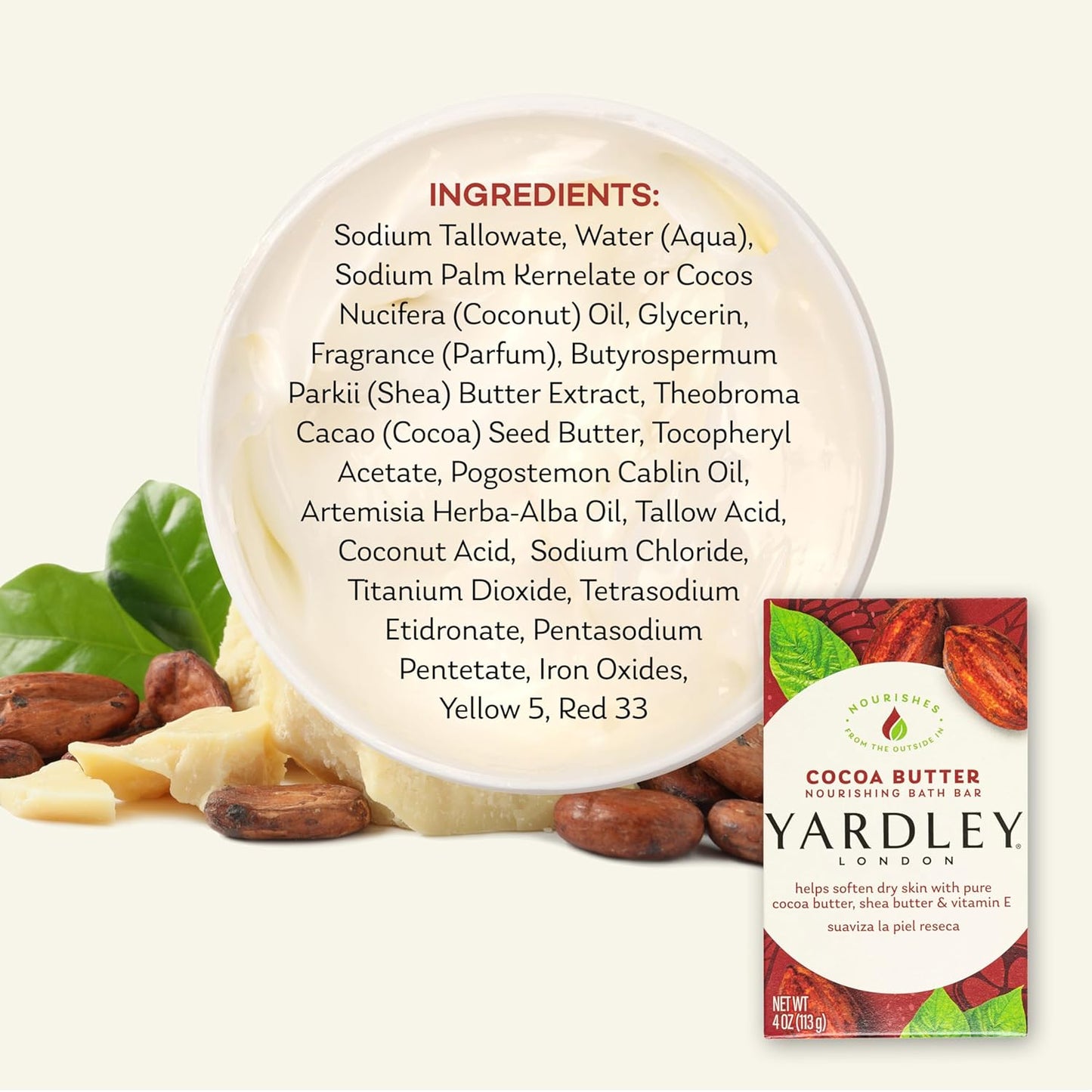 Yardley London Cocoa Butter Bath Soap Bar - Nourishing Formula with Shea Butter & Vitamin E | 4 oz