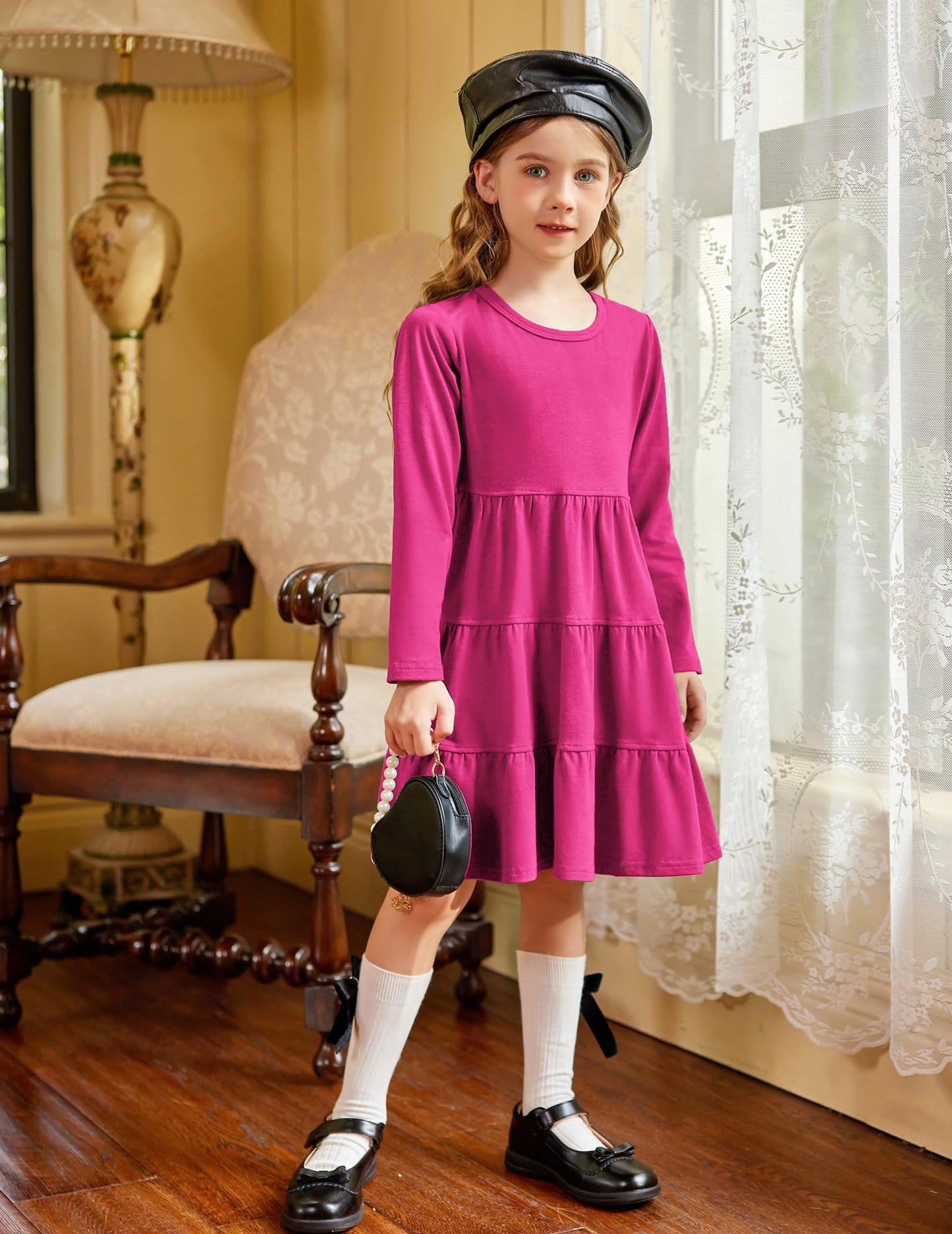 Arshiner Girls Long Sleeve Dress Fall Cotton Crewneck Tiered Ruffle Swing Solid Casual Midi Dresses Hot Pink 6 Years