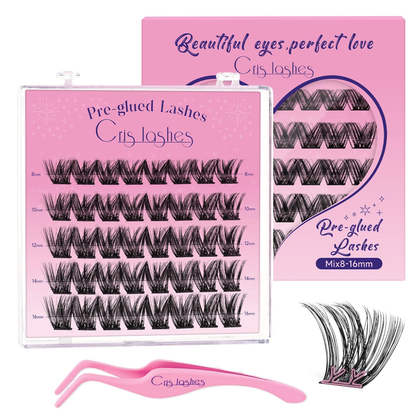 Crislashes Self Adhesive Eyelashes, 40pcs Pre-glued Lash Clusters Kit, Mix8-16mm D Curl Cluster Lashes Kit with Non-stick Tweezer, Reusable No Glue Needed Easy to Use (Fluttery 01)