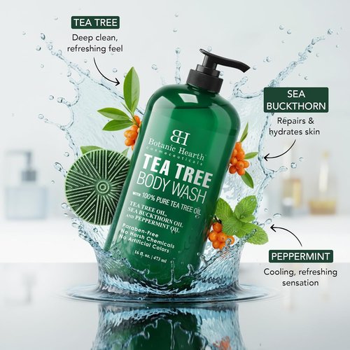 Botanic Hearth Tea Tree Body Wash - Infused with 100% Pure Tea Tree Oil & Coconut | Includes Dual-Sided Brush | 16 fl oz