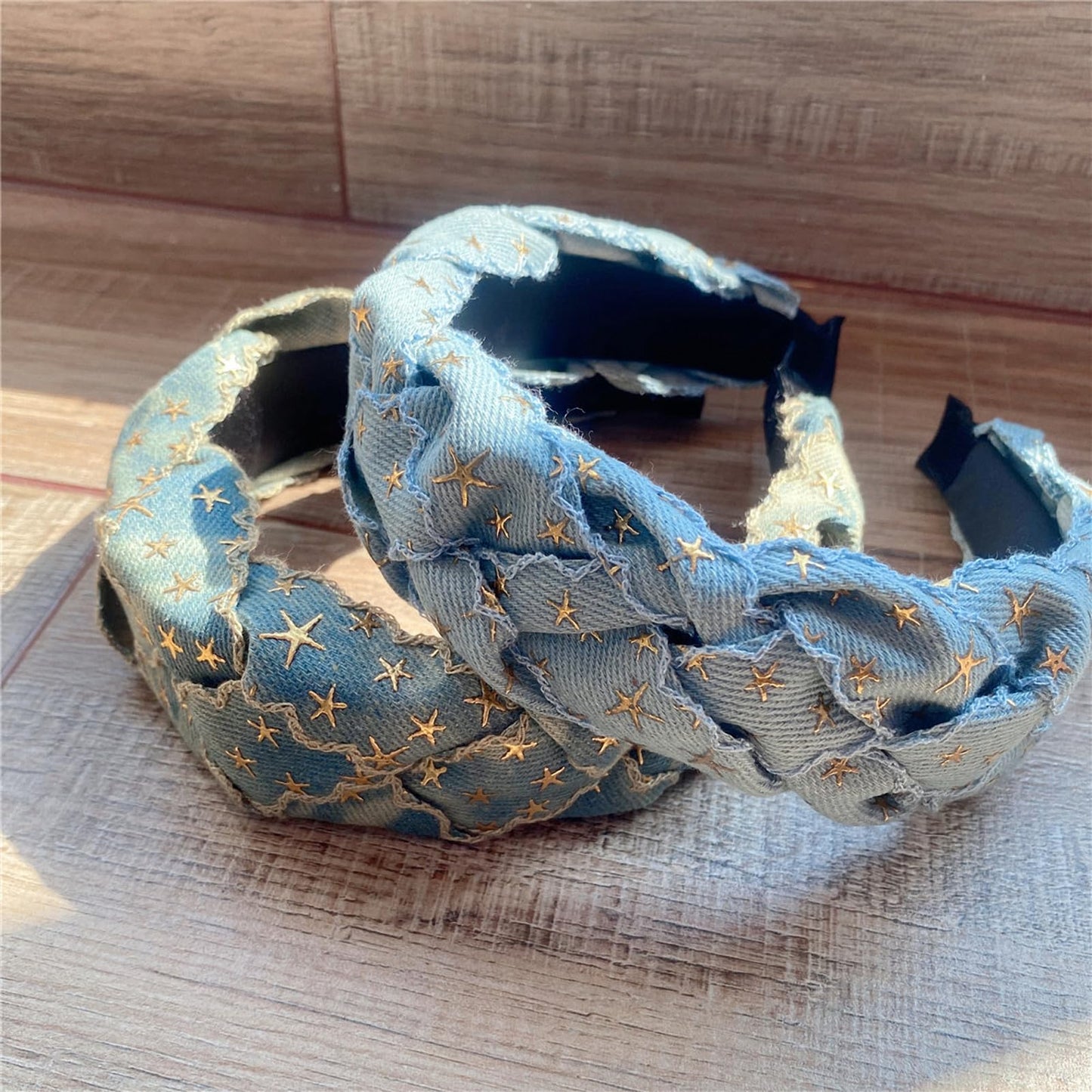 Women Bohemian Ethnic Denim Braided Headband with Hot Stamping Metal Cute Star-Studded Center Twisted Knot Design Hair Band Wide Edge Three-Dimensional Non-Slip Vintage Embellishments Hair Hoop