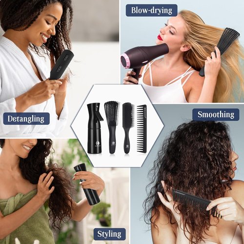 BrushZoo Detangling Hair Brush Set - Perfect for Curly & Natural 3/4ABC Hair | Includes Wide Tooth Comb & Spray Bottle