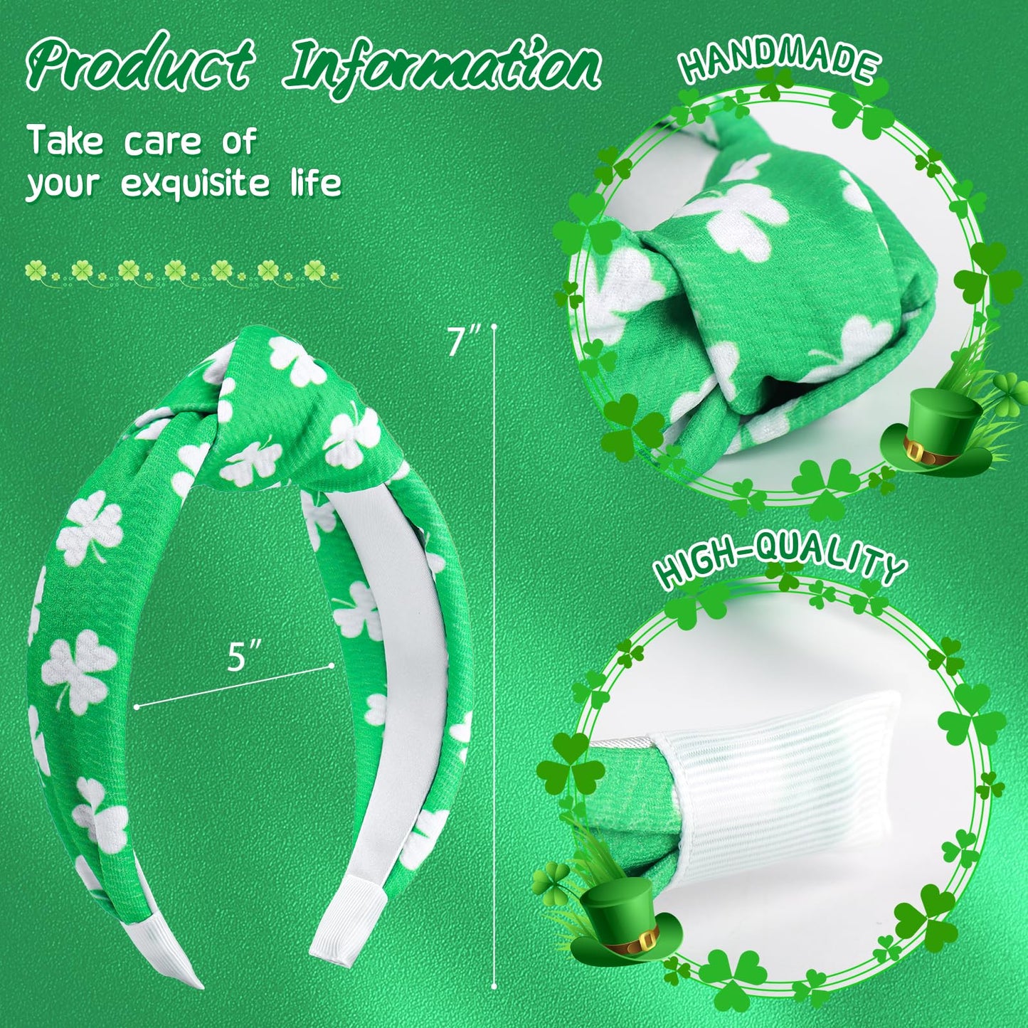 YanJie St.Patrick's Day Headband for Women Green Shamrock Knotted Heaband Clover Green Irish Top Hat Headbands Leaves Hairband Bowknot Hair Hoop Party Hair Accessories