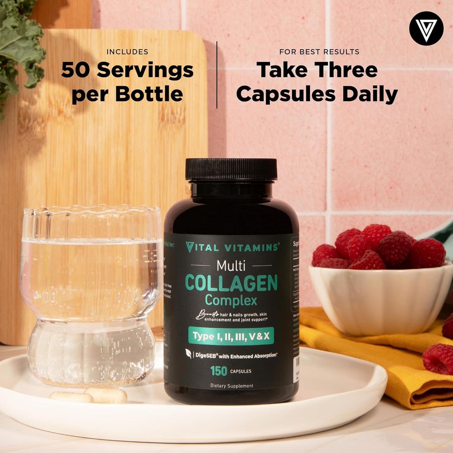 Vital Vitamins Multi Collagen Supplement - Types I, II, III, V, X - Grass Fed & Non-GMO - 150 Capsules