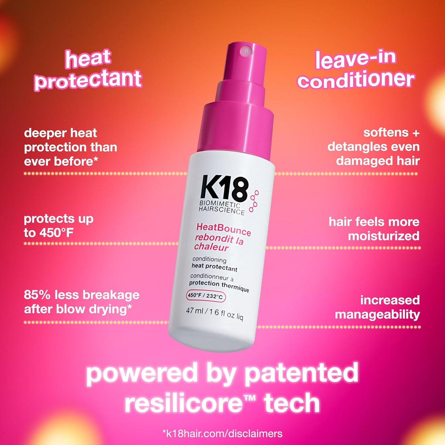 K18 HeatBounce Conditioning Spray - Lightweight Leave-In Heat Protectant for All Hair Types | 450℉ Protection