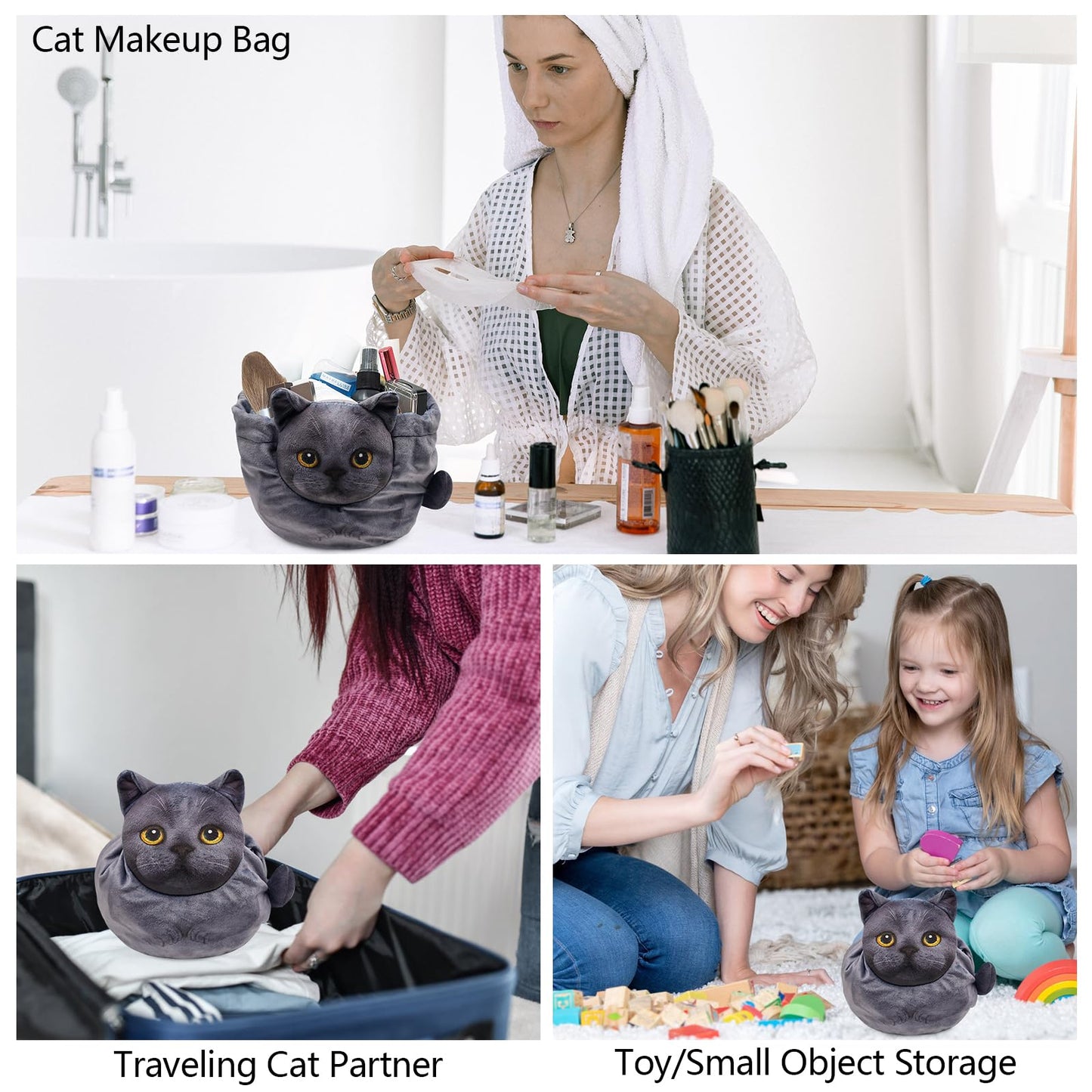 Openhahaha Drawstring Makeup Bag, Cat Makeup Bag, Travel Makeup Organizer, Cosmetic Pouch Bag, Cat Gift for Women, Lay Flat Makeup Bag Gifts for Cat Lovers(2-Pack)