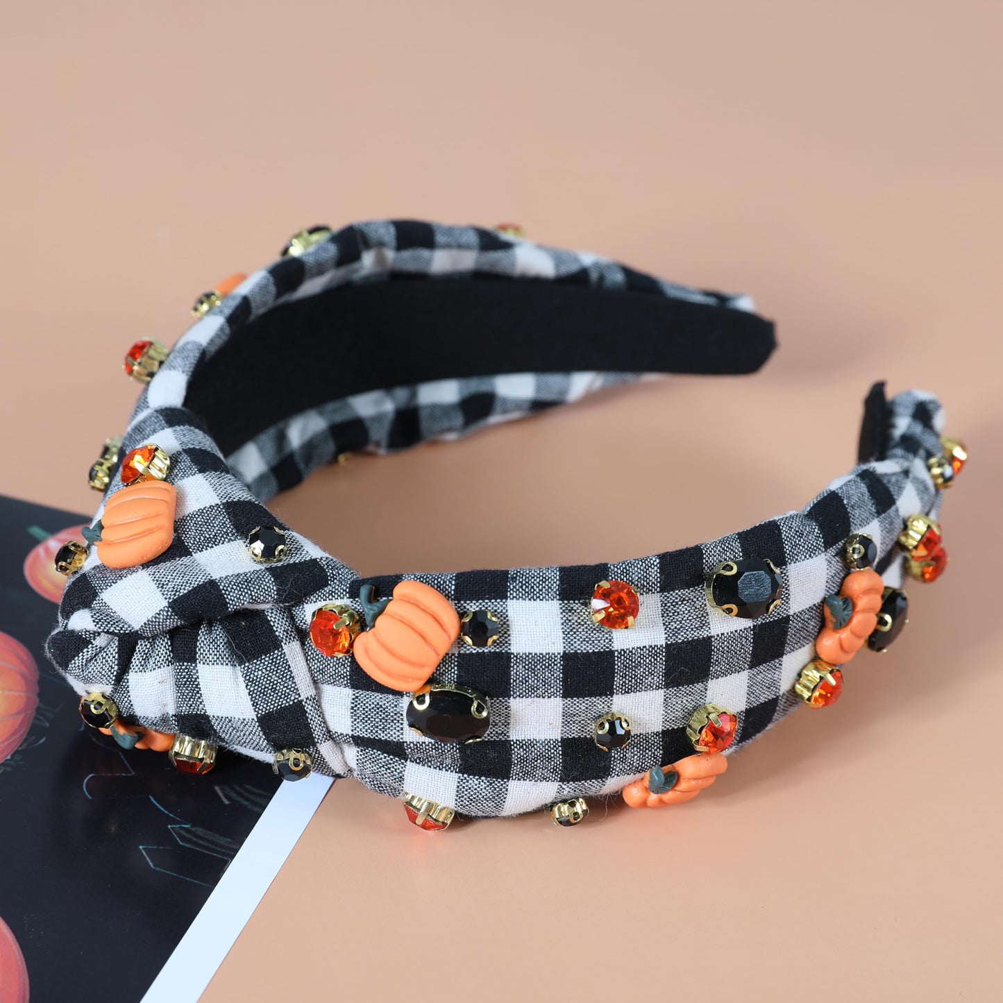 Gmmidea Halloween Pumpkin Headbands for Women Girls Halloween Accessories Outfits Sparkly Rhinestone Jeweled Knotted Headband Fashion Wide Twisted Black and White Plaid Hairband