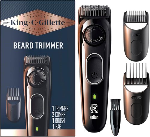 King C. Gillette Cordless Beard Trimmer - Complete Kit with 3 Combs, Cleaning Brush & Travel Bag - Blue