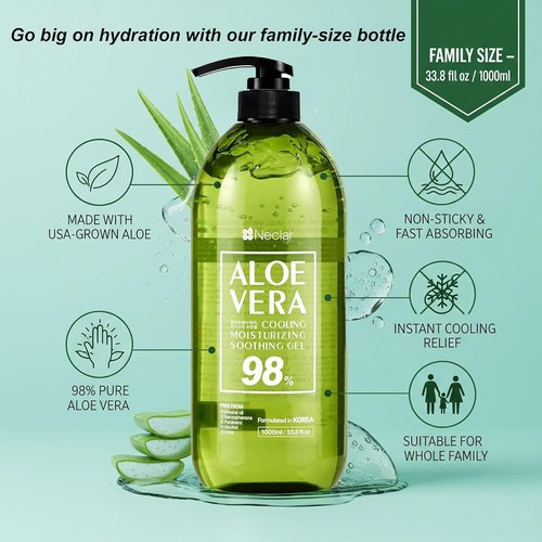 Aloe Vera Gel 98% Pure by Skiennix - Sunburn Relief & Moisturizer - 33.8oz for Face, Skin & Hair