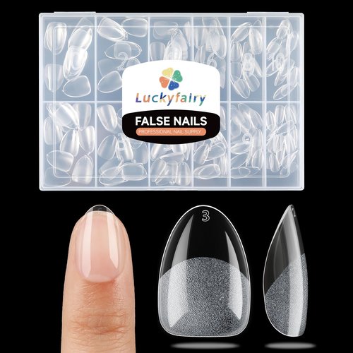 Luckyfairy Extra Short Almond Nail Tips, 240pcs Soft Gel Pre-Shaped Acrylic Fake Nails, Half Matte Full Cover Clear Gelly Press on Flase Nail Tips for Extension Nail Manicure Home DIY 12 Sizes