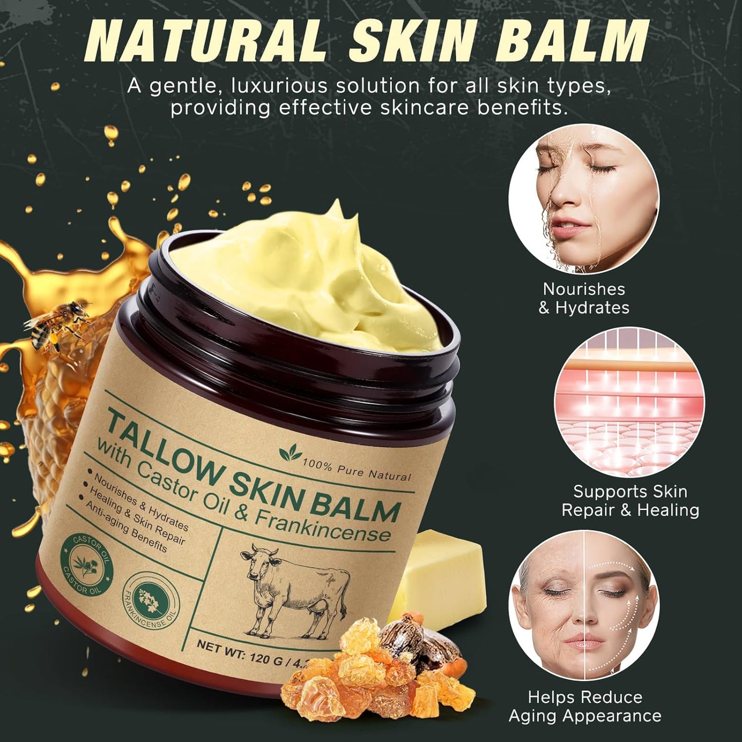 Skiennix Face Balm - Organic Tallow & Castor Oil with Frankincense | 100% Grass-Fed, Age-Defying Moisturizer for Sensitive & Dry Skin