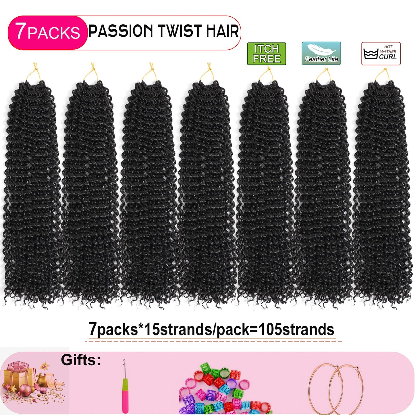 Passion Twist Hair 30 Inch 7 Packs Water Wave Crochet Hair Black Wrap Braiding Hair For Passion Twist Crochet Hair/Butterfly Locs/Spring Twist Crochet Braids Boho Hair Extension (30inch,7pc,1B#)