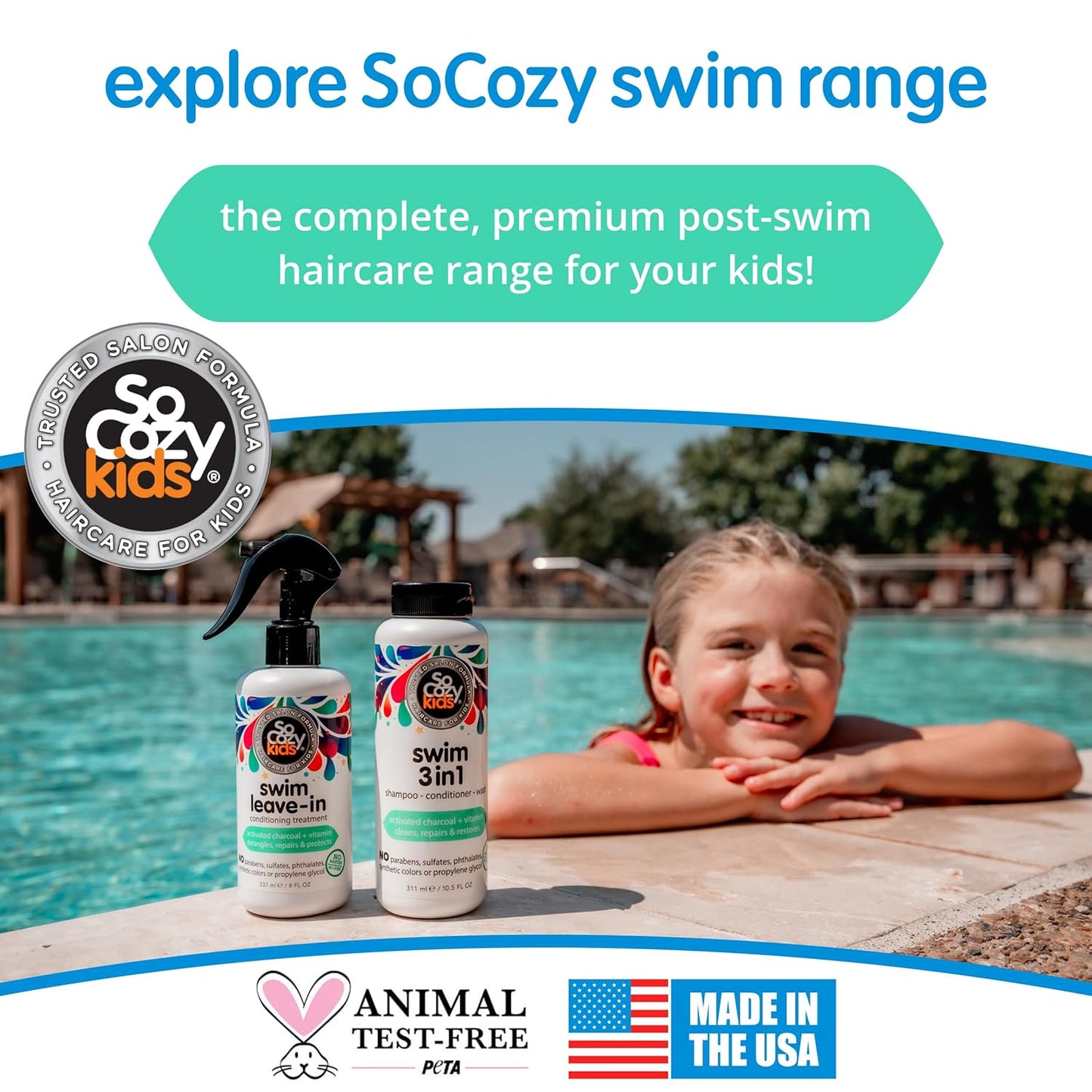 SoCozy Swim Leave-In Conditioner Spray - Protect & Repair Kids' Hair | 8 Fl Oz, Gentle Formula with Charcoal & Vitamin B5