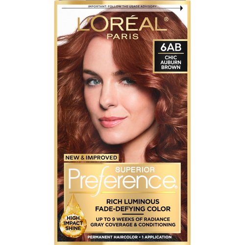 L'Oreal Paris Superior Preference Luminous Fade-Defying Permanent Hair Color, Hair Dye For Up to 9 Weeks of Radiance, Chic Auburn Brown 6AB, 1 Hair Dye Kit