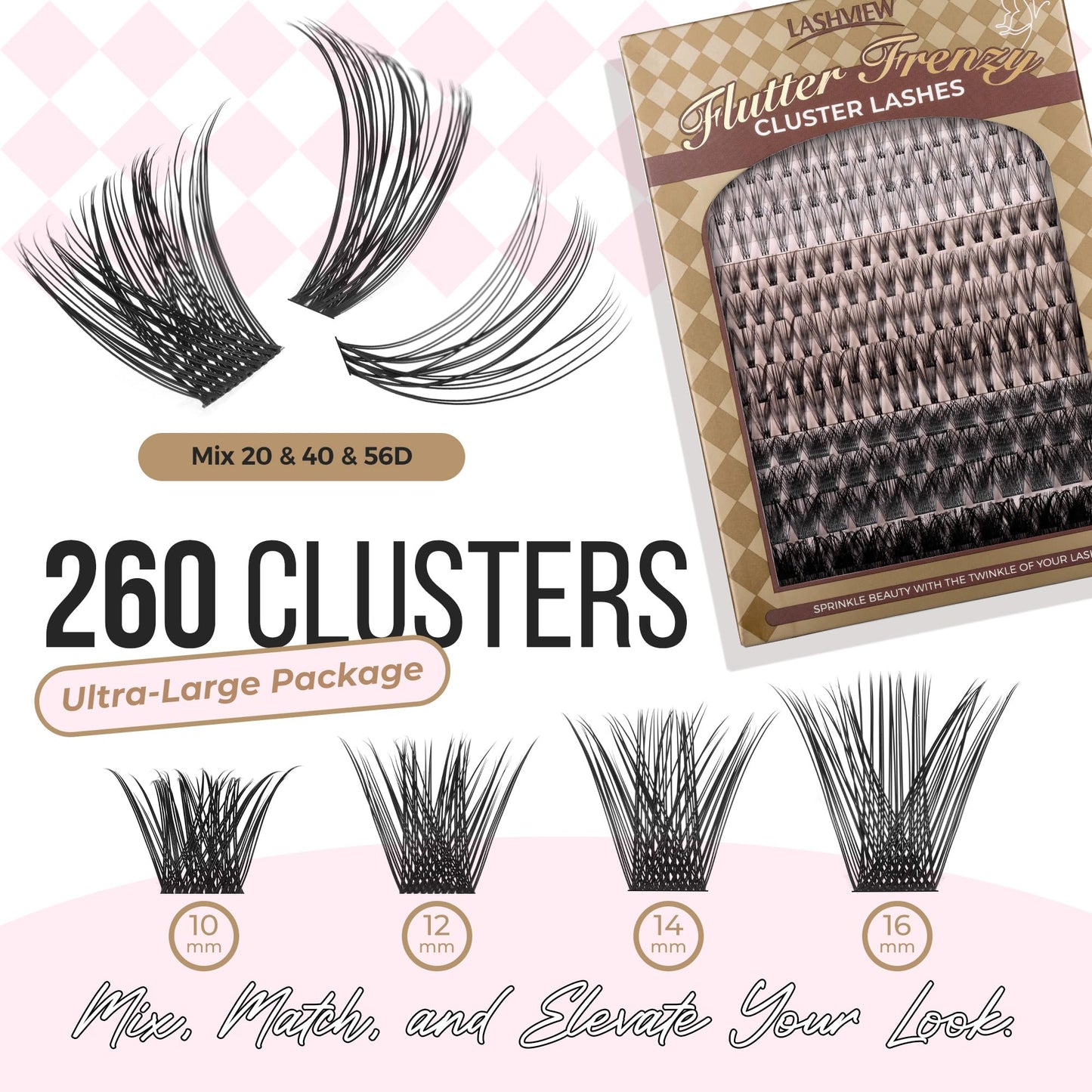 LASHVIEW Lash-Extension-Clusters 260pcs D Curl Lash Clusters Natural Look Cluster Lashes Extensions Super Thin Band & Soft Lashes Reusable 9-16mm MIX (20D&40D&56D)