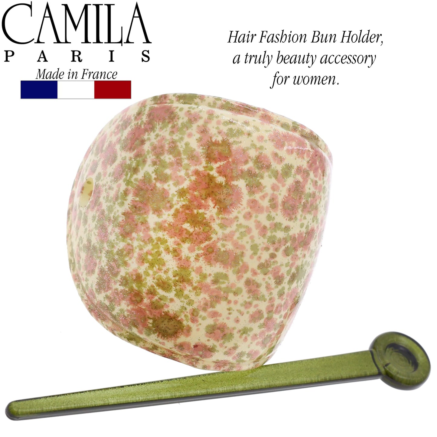 Camila Paris CP3343 French Hair Bun Holder Cover Cap Hair Updo, Pink and Green, Hair Pin Thru, Strong Hold Grip Hair Clips for Women, No Slip and Durable Styling Girls Hair Accessories, Made in France