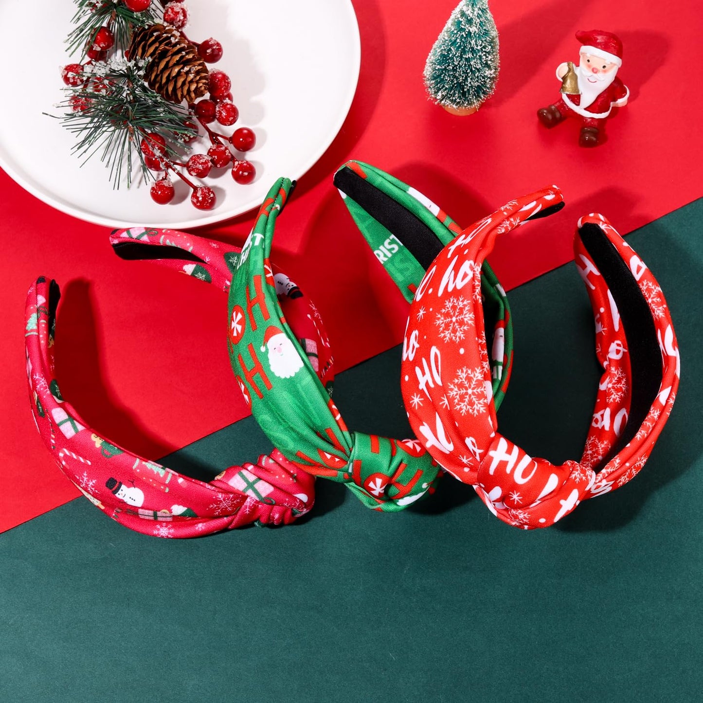 JERTOCLE Christmas Headband Holiday Headband Accessories for Women Printed Xmas Tree Snowflake Knotted Headband Christmas Hair Accessories Decorations Gifts (Red Green)