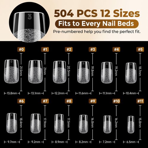 UNA GELLA Nail Tips Square: 504PCS Short Square Nail Tips Pre Etched Gel Fake Nails Tips, No C Curve For Women DIY Nail Extension French Style Salon Home Full Cover Soft Acrylic False Tips 12 Sizes