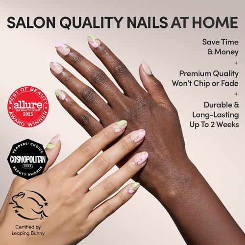 Glamnetic Press On Nails - Strawberry Matcha | Short Oval Fake Nails with Pink & Green Swirl Design and Gold Foil Accents in Glossy Finish, Salon Quality | 15 Sizes - 30 Nail Kit with Glue