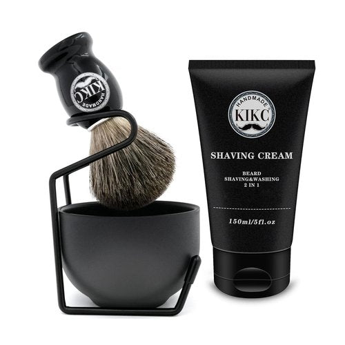 KIKC 5-In-1 Shaving Kit - Handcrafted Pure Badger Brush, Stainless Steel Bowl & Cream | Deluxe Black Gift Set for Bearded Men