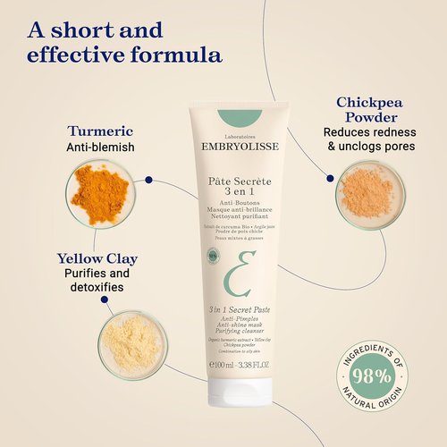 Embryolisse 3-in-1 Anti-Acne Clay Mask - Clear Breakouts for Oily/Combination Skin | 3.38 Fl Oz
