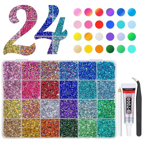 qiipii 24000Pcs 24 Color 3mm Crystal Resin Rhinestones w B7000 Glue for Bedazzling Crafting Flatback Stones Colorful Crystals Gems Diamonds Charms for Nails Eyes Face Makeup Crafting Tumblers Crafts