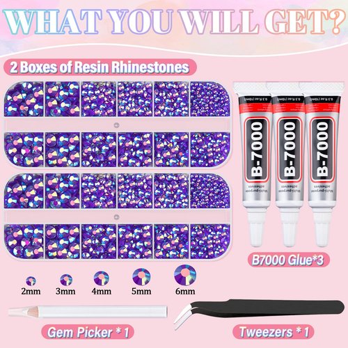 Resin Rhinestones for Crafting with 3Pcs 10ml B7000 Jewelry Glue, 2 Boxes Dark Purple AB Flatback Gems Crystals Diamond for Bedazzling Crafts DIY Nail Art Makeup,Gems for Clothing Tumblers Shoes