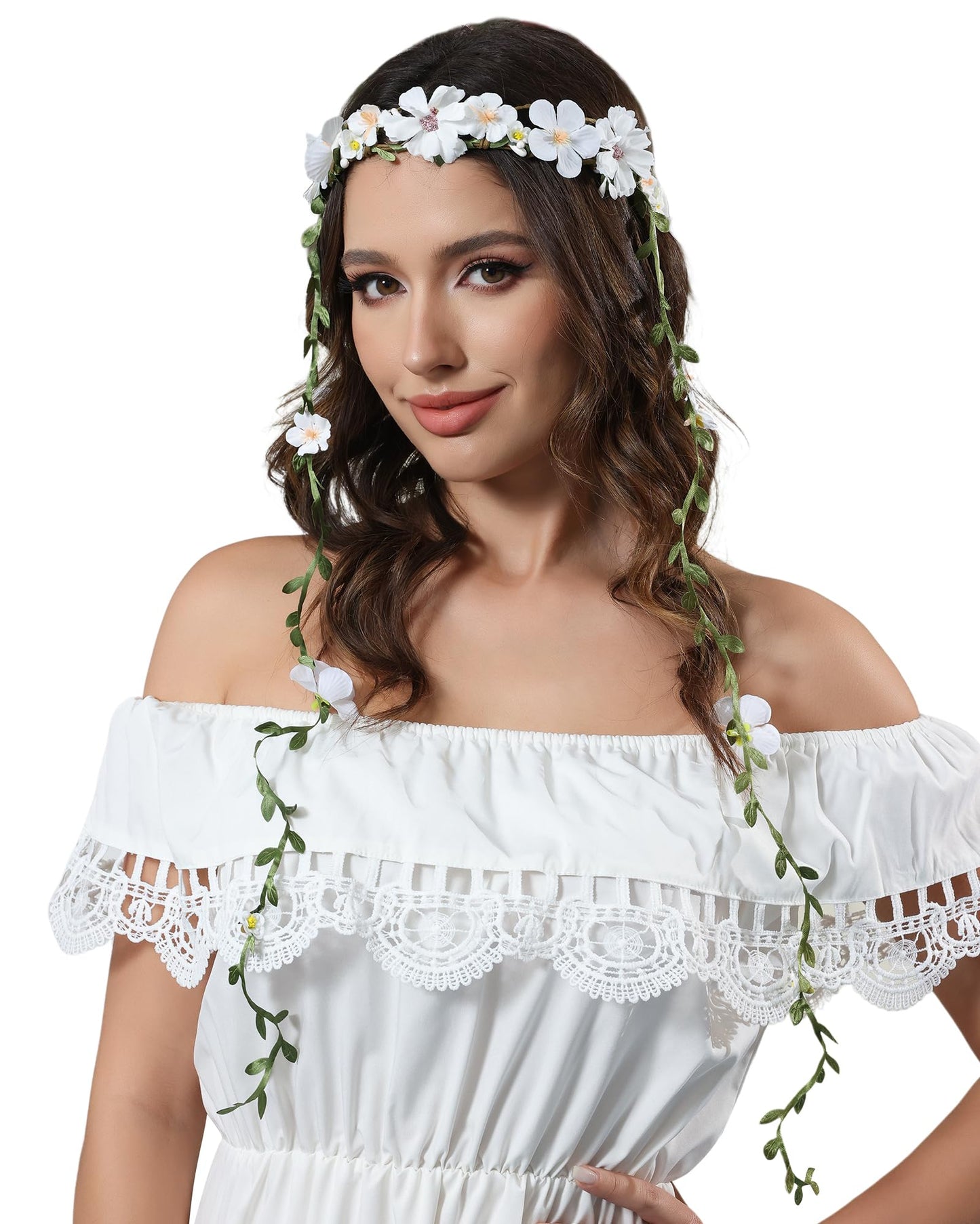 AWAYTR Flower Crowns for Women Flower Girl Headbands with Vines Adjusatble Leaf Fairy Crown for Bridal Wedding Festival Party Photo (White)