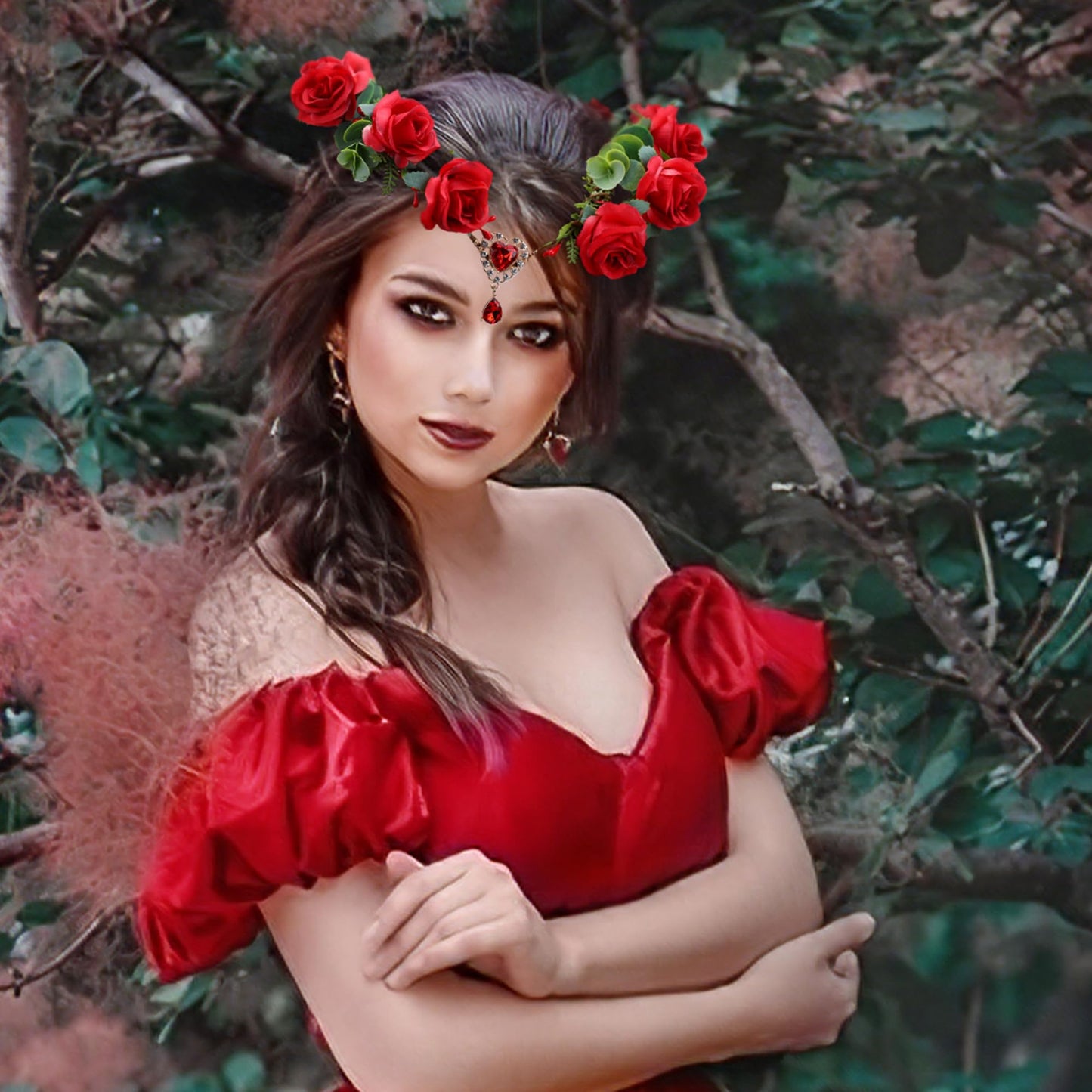 RENEMEGO Red Flower Fairy Crown - Handmade Flower Crown Elf Rose Floral Headpiece with Heart Crystal Boho Forest Hair Wreath Headband for Women Girls Cosplay Party Wedding Dress up Accessories