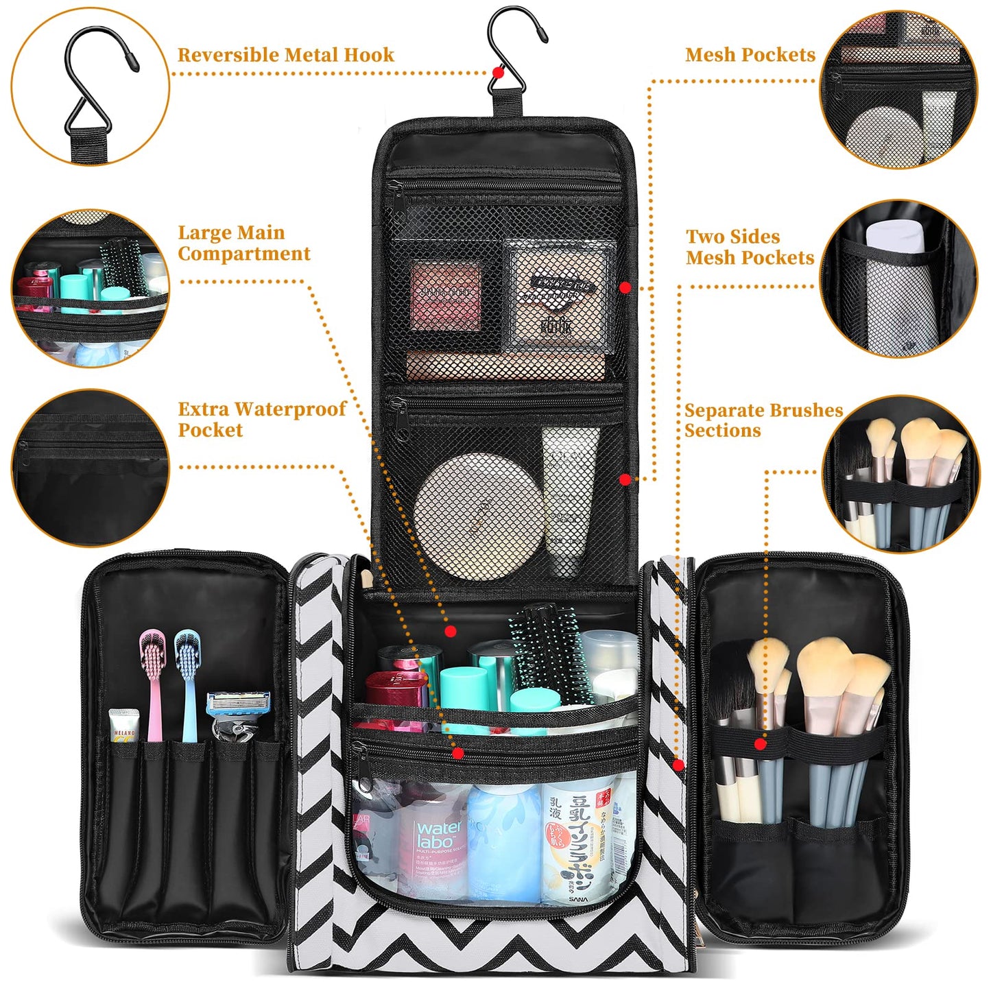 Toiletry Bag for Women, Water-Resistant Travel Makeup Organizer with Hanging Hook- Large Travel Toiletry Bag, Makeup Bag for Cosmetic, Full Size Containers, Brushes, Portable Shower Bag Christmas Gift