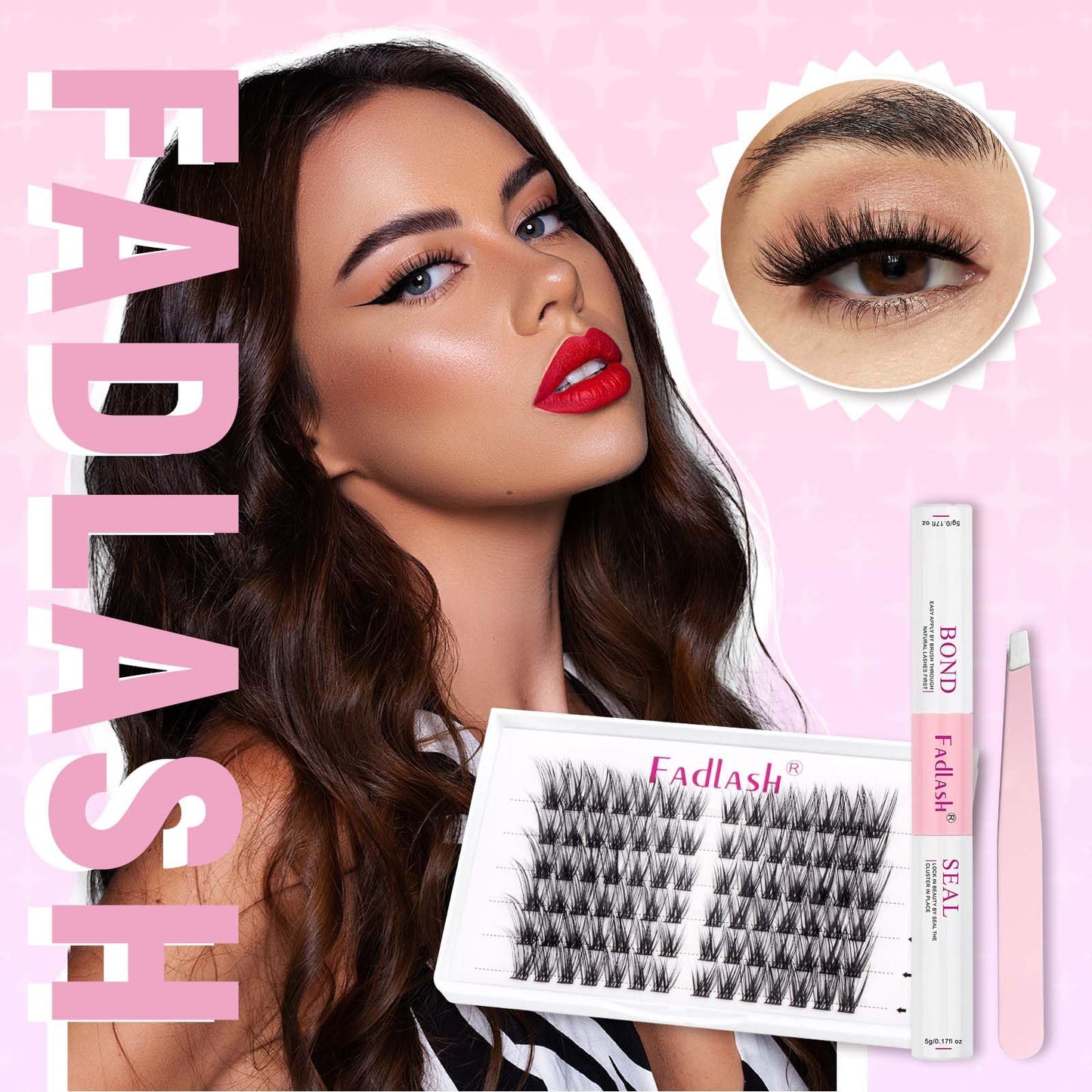 FADLASH Cat Eye DIY Lash Extension Kit Lash Clusters Kit Individual Lashes with Lash Bond and Seal Lash Tweezers Cluster Eyelash Extensions Kit Eyelash Clusters Wispy Cluster Lashes Natural (KIT T02)