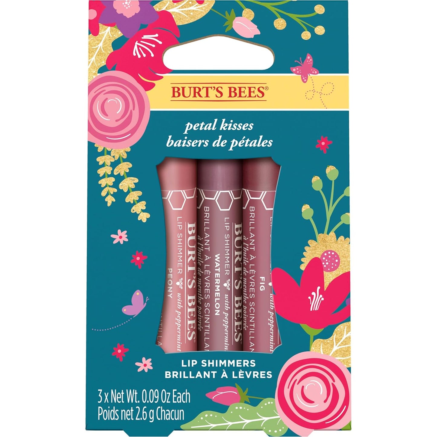 Burt's Bees Kissable Color Gift Set - Petal Kisses with 3 Lip Shimmers in Peony, Fig & Watermelon