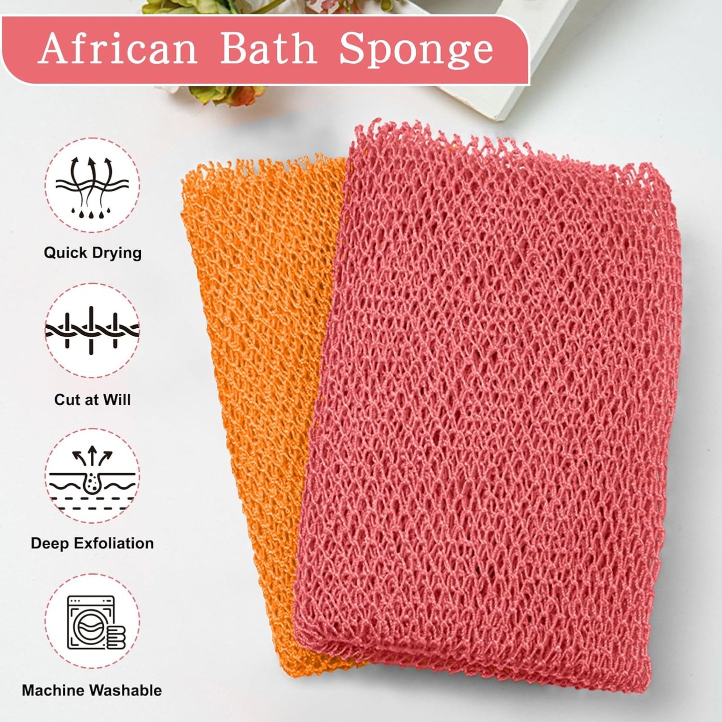 Skiennix African Net Sponge - Long Nylon Exfoliating Bath Washcloth for Deep Clean | 63-Inch Stretch (Pink, Orange)