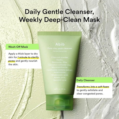 Abib Pore Clay Pack Cleanser - Heartleaf Charcoal Foam for Oil Control | 4.05 fl oz, Unscented