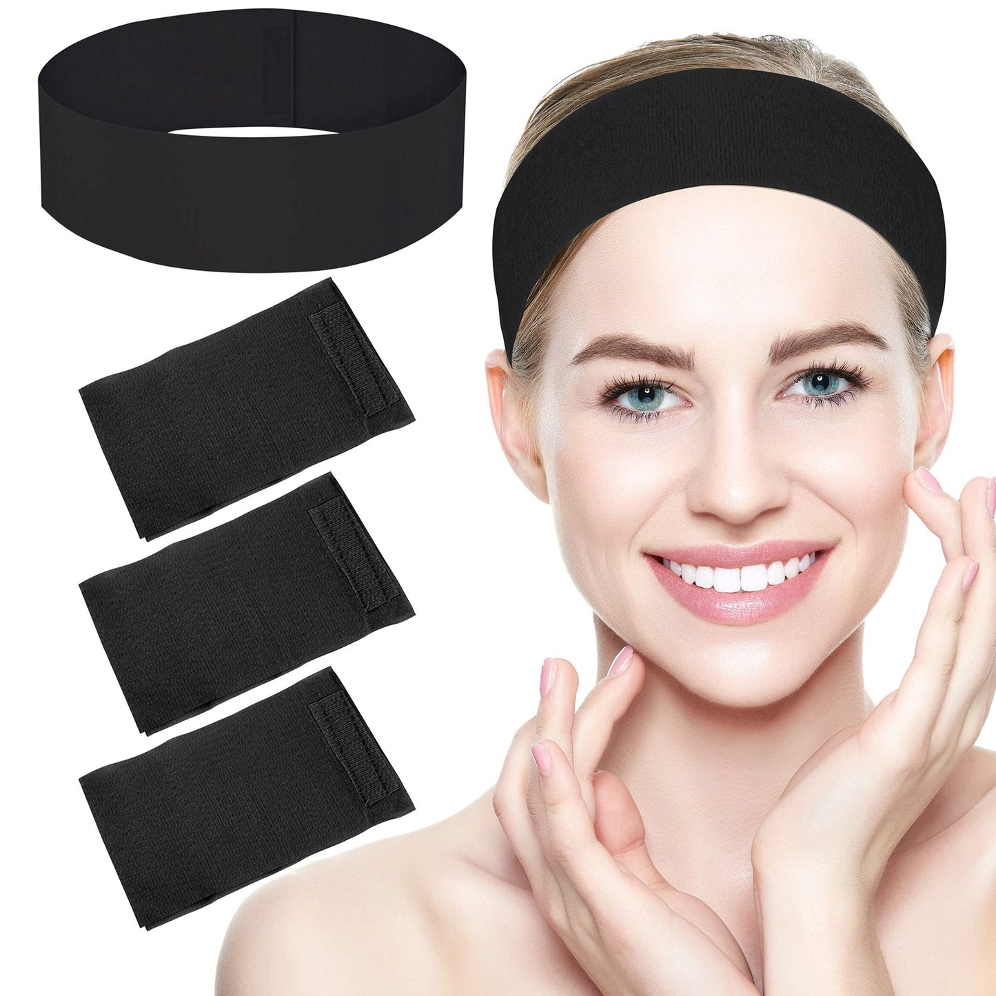 Framendino, 200 Pack Black Disposable SPA Headband Non-Woven Facial Headbands Stretch Soft Skin Care Hair Band with Convenient Closure for Women Girls