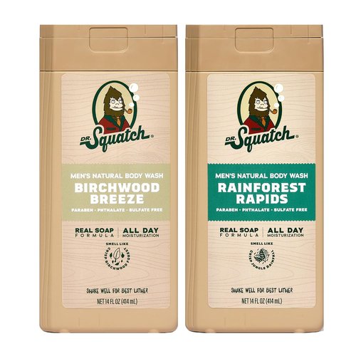 Dr. Squatch Natural Men's Body Wash - Nourishing & Moisturizing Shower Gel | Birchwood Breeze & Rainforest Rapids (14 oz, 2-Pack)