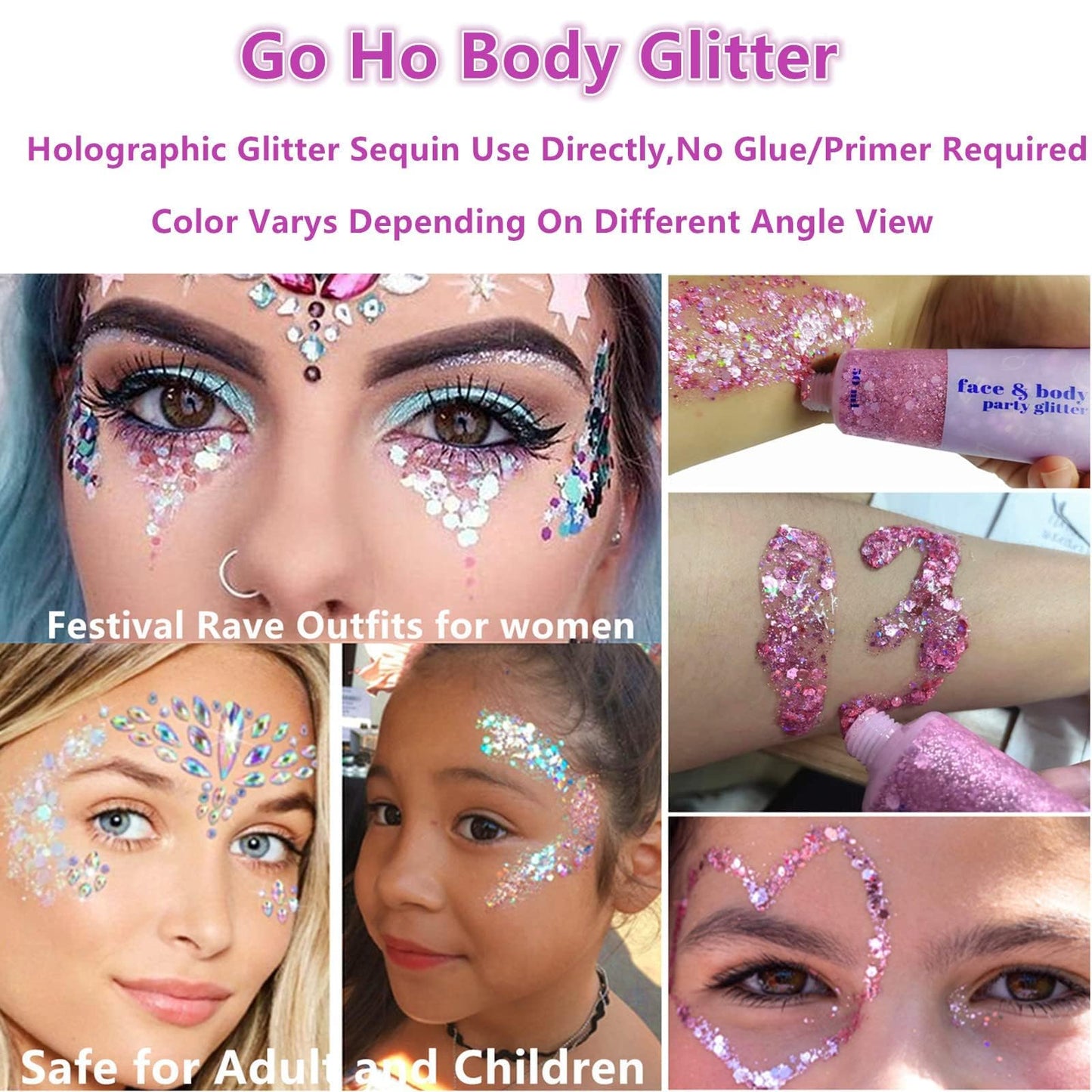 Go Ho White Pink and Silver Body Glitter Set,3 PCS Mermaid Face Glitter Gel,Holographic Long Lasting Chunky Sequins Glitter Makeup for Singer Concerts,Halloween Festival Rave Accessories