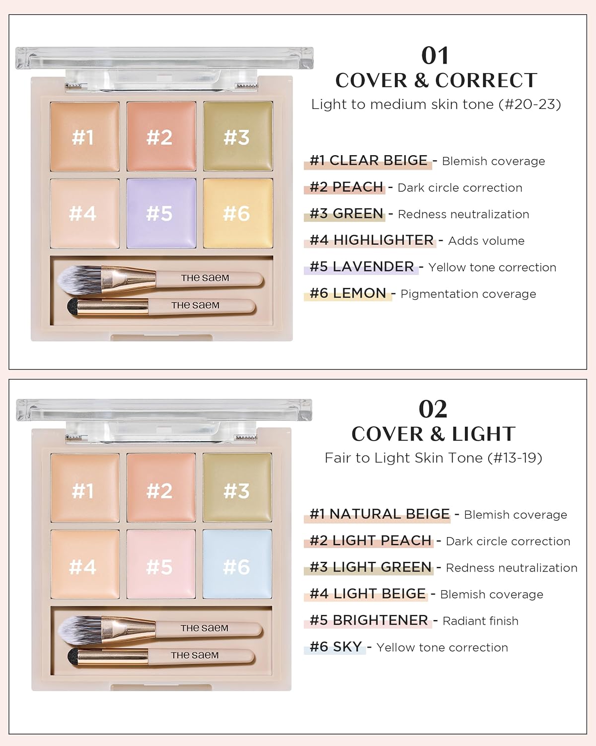 THESAEM Cover Perfection Concealer Palette - 6-Color Multi Concealer for Medium Skin Tones 20-23 | Dual Brush Included - Ideal for Blemishes & Dark Circles