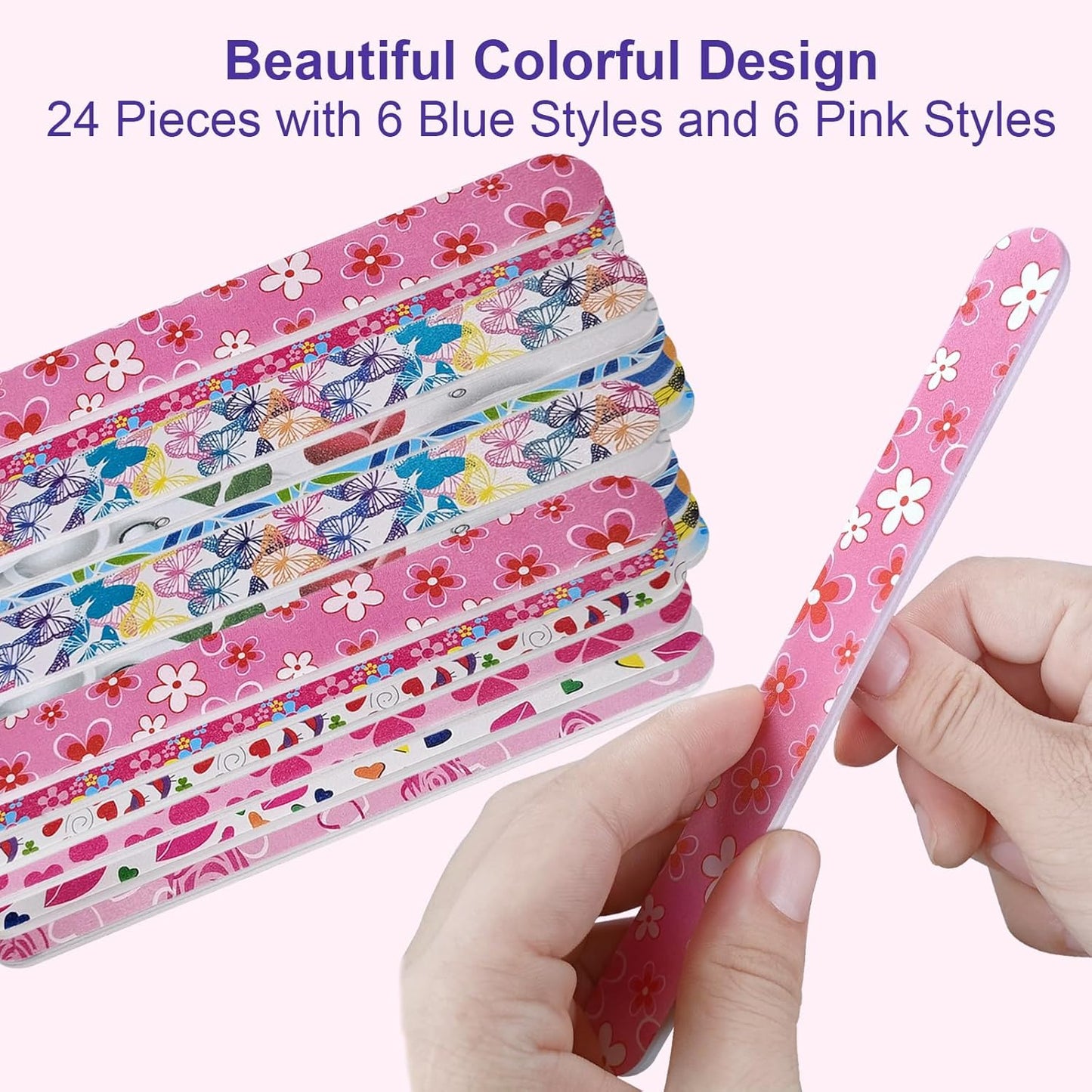 Skiennix Nail Files - Colorful Emery Boards for Natural Nails | Double-Sided 180 Grit, 24 Pack