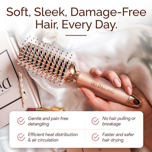 Lily England Vented Hair Brush - Easy Detangling for Fine, Thick, Curly Hair | Non-Slip Gel Handle, Rose Gold