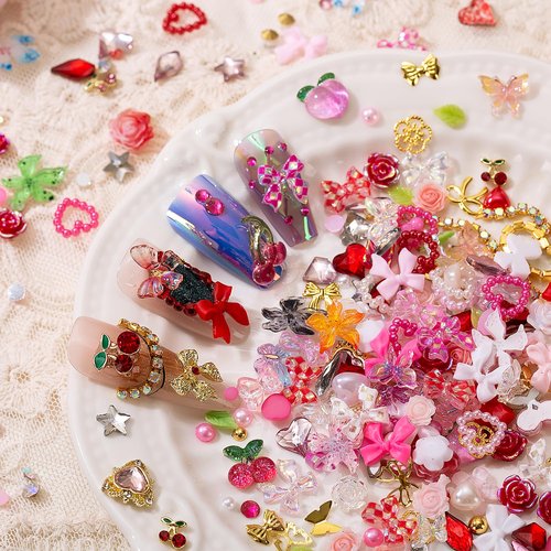 28 Grids Nail Charms Kit with Rhinestones for Nails, 3D Kawaii Bows, Cherry, Flowers, Butterfly. Red Pink Gold Nail Gems, Pearls & Metal Studs. DIY Manicure Art Supplies with Wax Pen & Tweezers