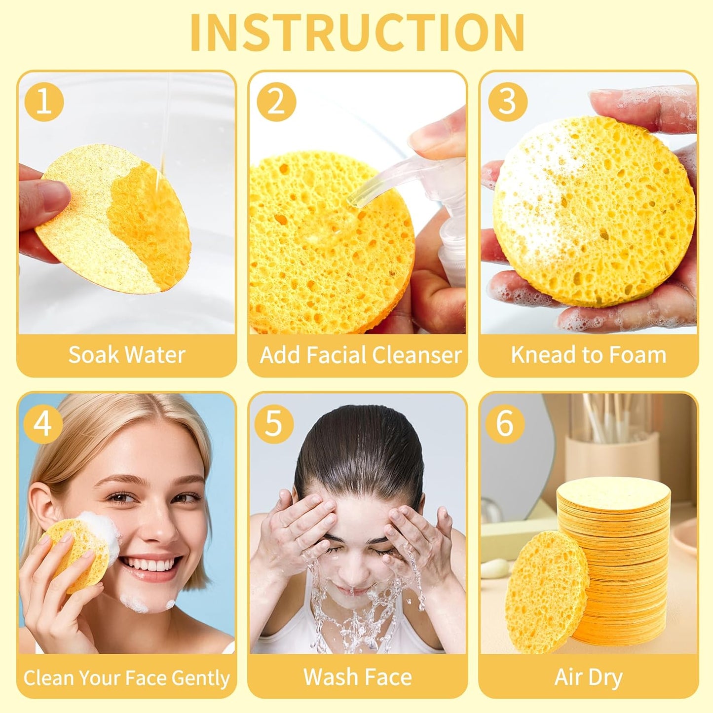 Compressed Facial Sponges - 100-Count Natural Cosmetic Spa Sponges for Cleansing & Makeup Removal | Yellow