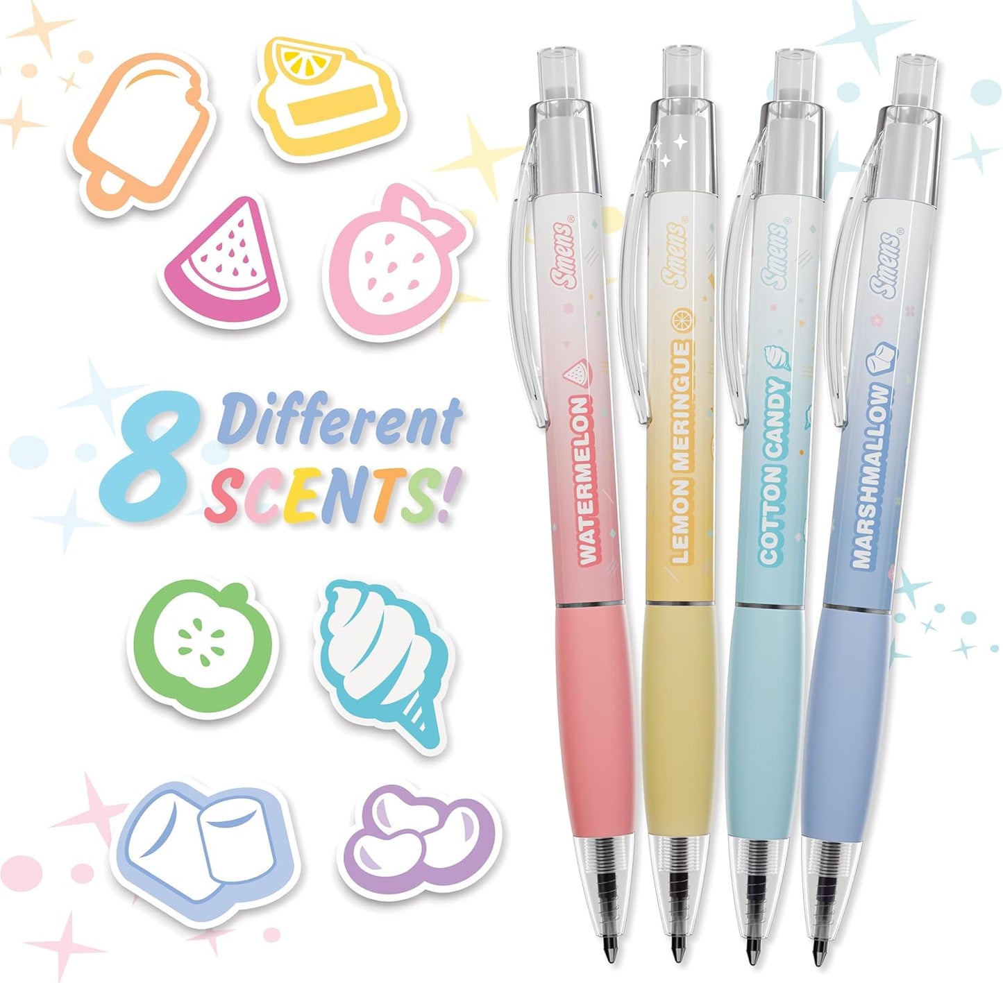 Simply Delightful Smens - Patented Gourmet Scented Black Gel Ink Pens, Medium Point, 8 Count - Fun, Cute, Cool, Smelly Pens for Kids