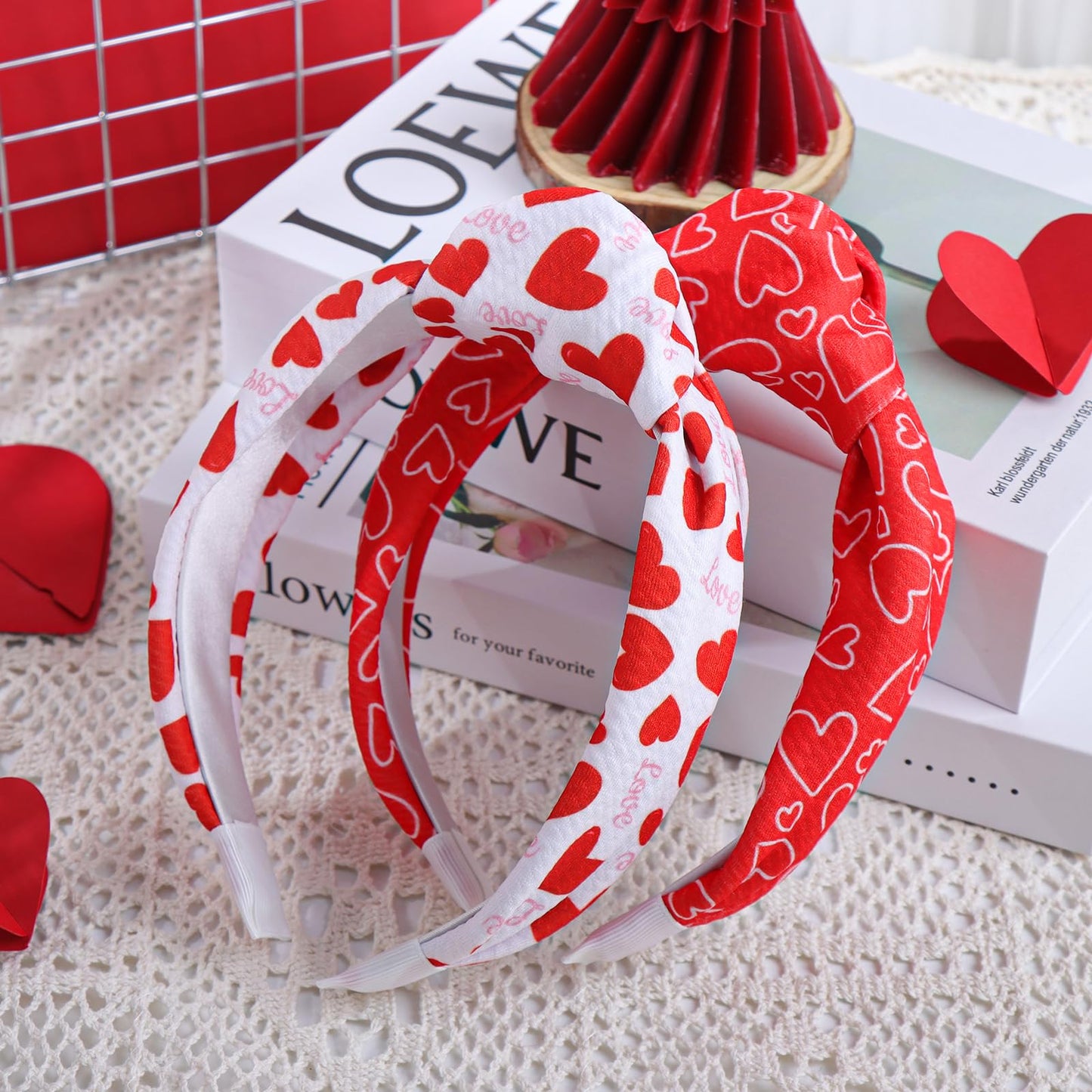 YanJie Hairband, 2pcs Valentines Headband for Women - Love Heart Knotted Headbands Wide Red Hairband Girls Valentine's Day Accessories Knotted Headwear for Girls